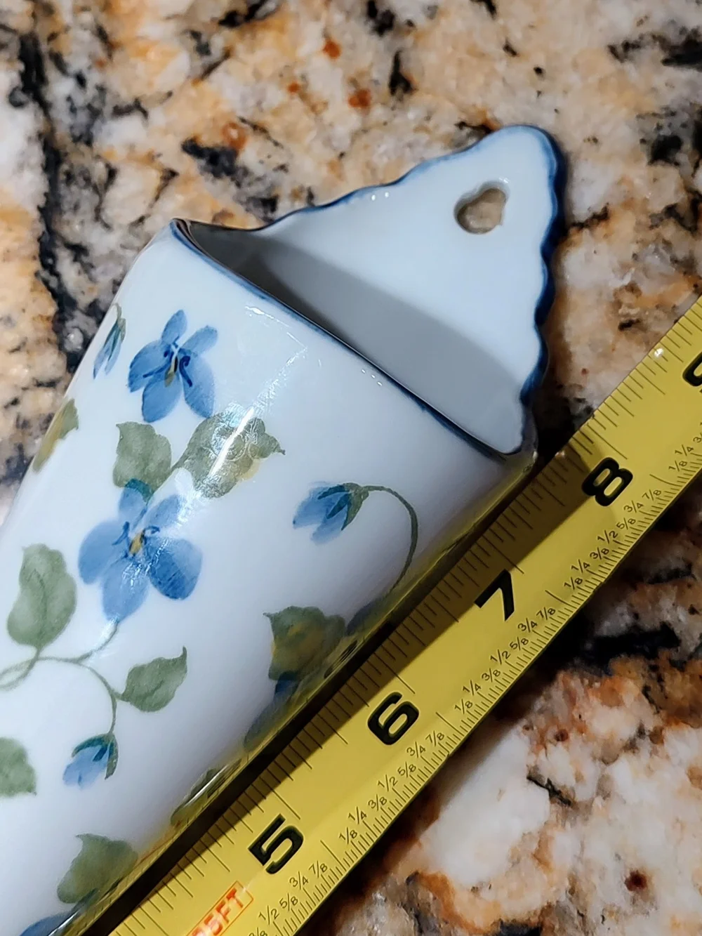 Andrea By Sadek White Porcelain Wall Pocket with Blue/Violet/ Green Floral Motif